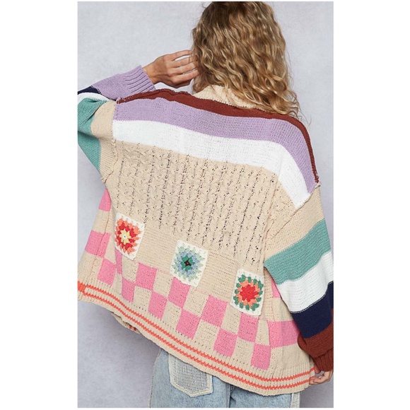 POL color block Granny Square Open Front Loose Fit Chenille Cardigan - Picture 6 of 6